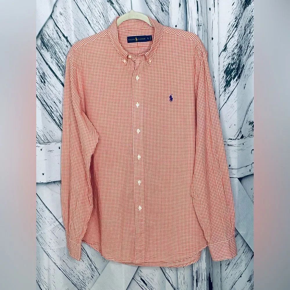 Ralph Lauren Orange & White Check Button Down Oxford Shirt Size L